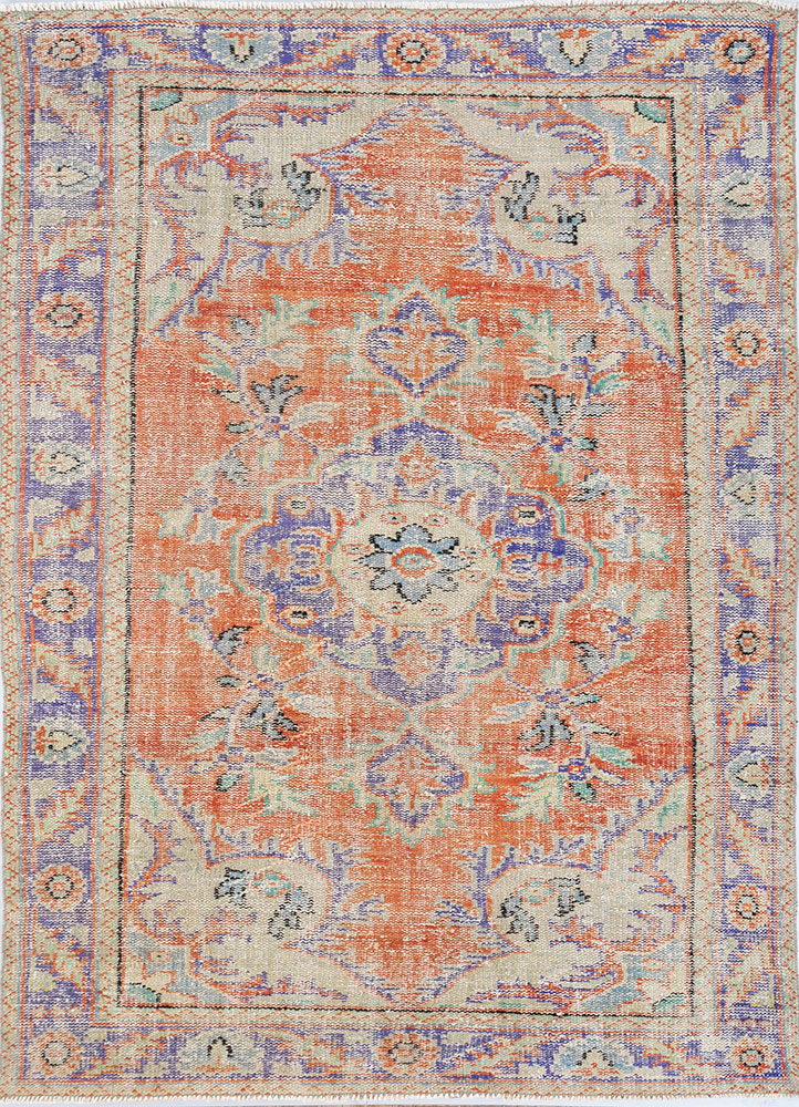 vintage red and orange wool hand knotted Rug - HeadShot