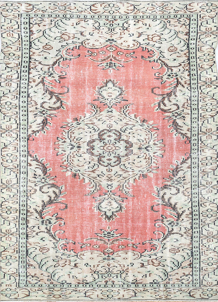 vintage red and orange wool hand knotted Rug - HeadShot