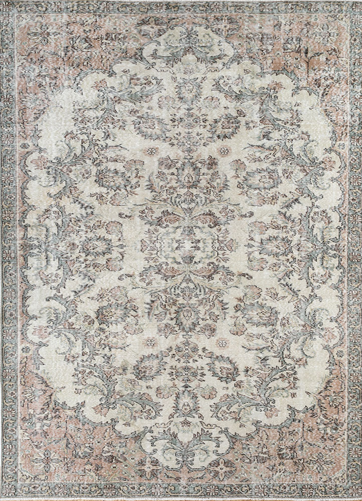 vintage beige and brown wool hand knotted Rug - HeadShot