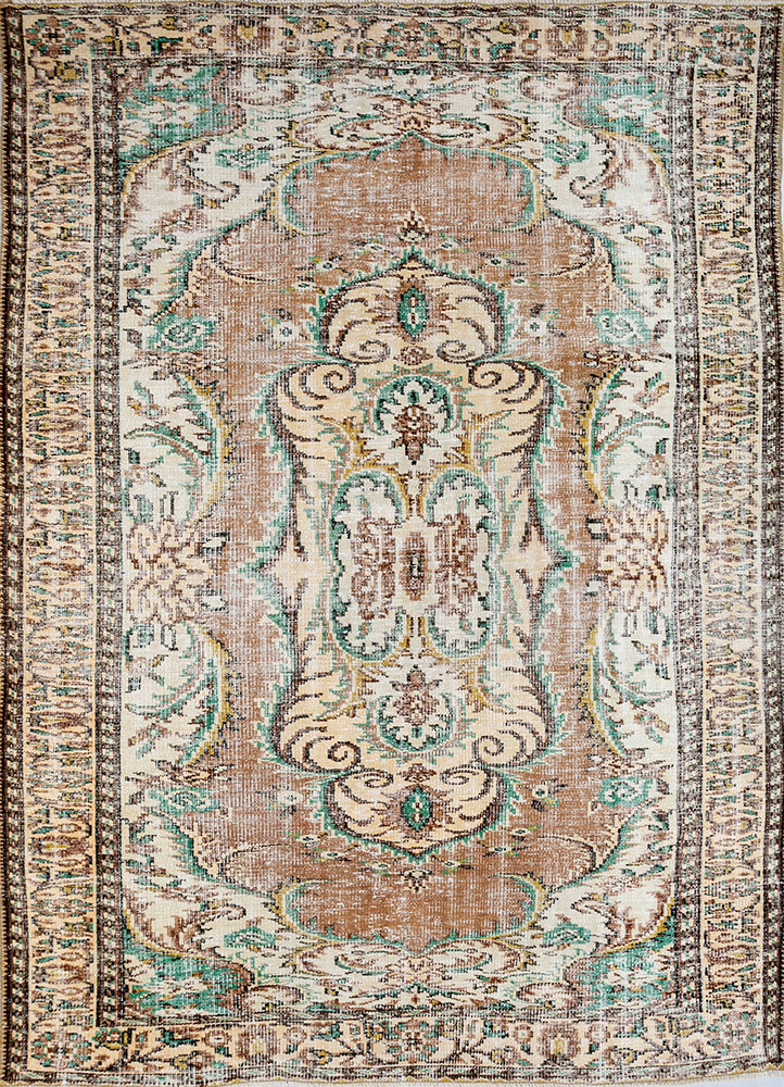 vintage beige and brown wool hand knotted Rug - HeadShot