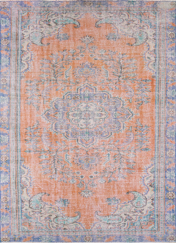 vintage red and orange wool hand knotted Rug - HeadShot