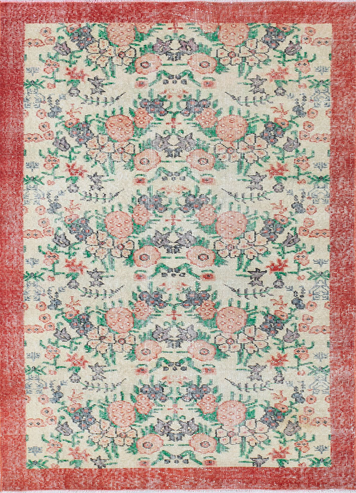 vintage red and orange wool hand knotted Rug - HeadShot