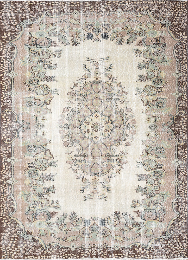 vintage beige and brown wool hand knotted Rug - HeadShot