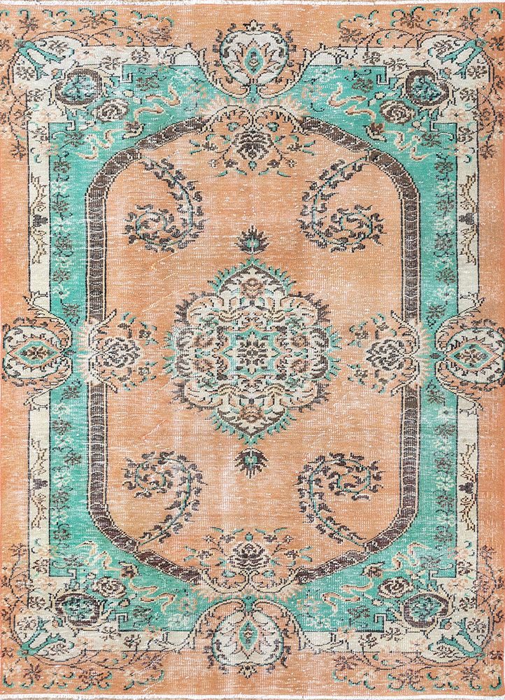 vintage red and orange wool hand knotted Rug - HeadShot
