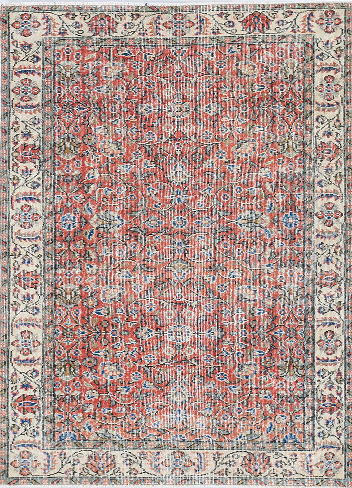 vintage red and orange wool hand knotted Rug - HeadShot