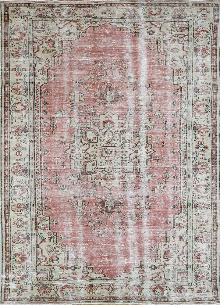vintage red and orange wool hand knotted Rug - HeadShot