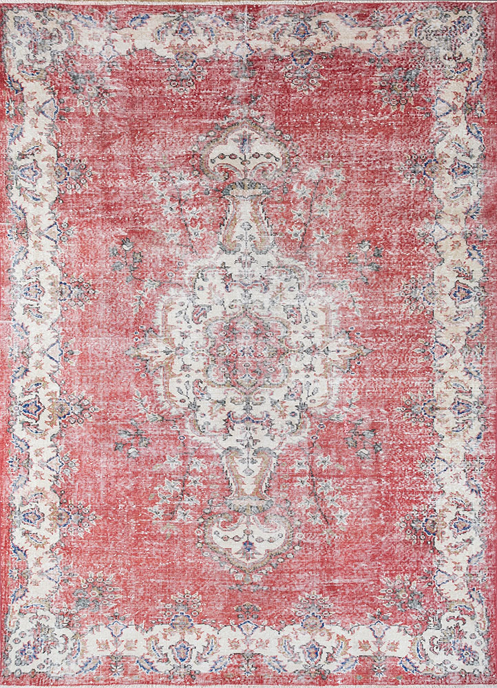 vintage red and orange wool hand knotted Rug - HeadShot