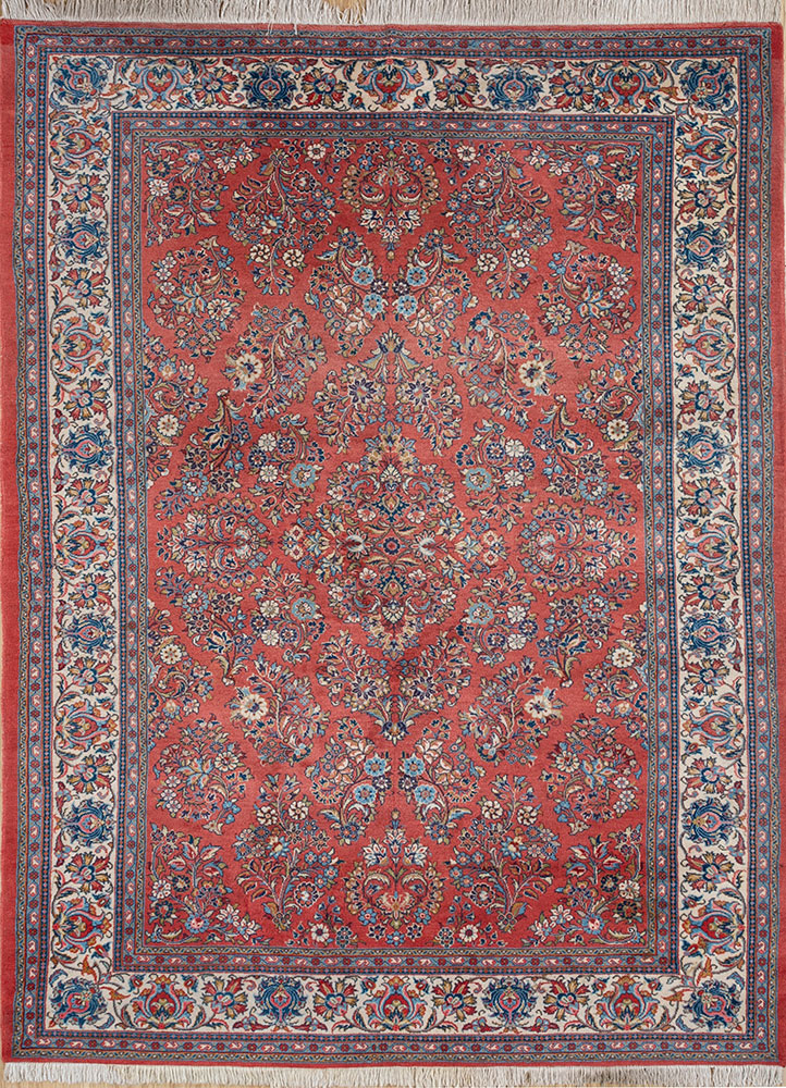 aalam red and orange wool hand knotted Rug - HeadShot