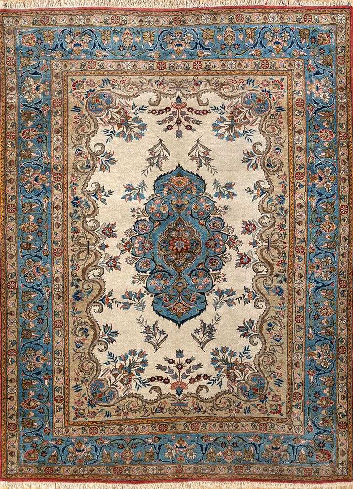 aalam gold wool and silk hand knotted Rug - HeadShot
