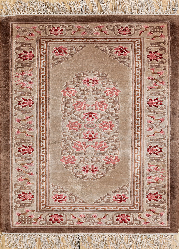 gulmarg beige and brown silk hand knotted Rug - HeadShot