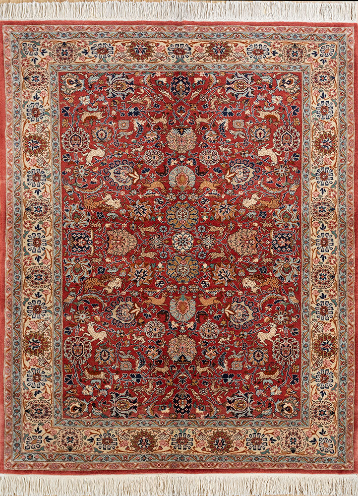 aalam red and orange wool hand knotted Rug - HeadShot