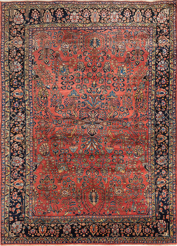 aalam red and orange wool hand knotted Rug - HeadShot