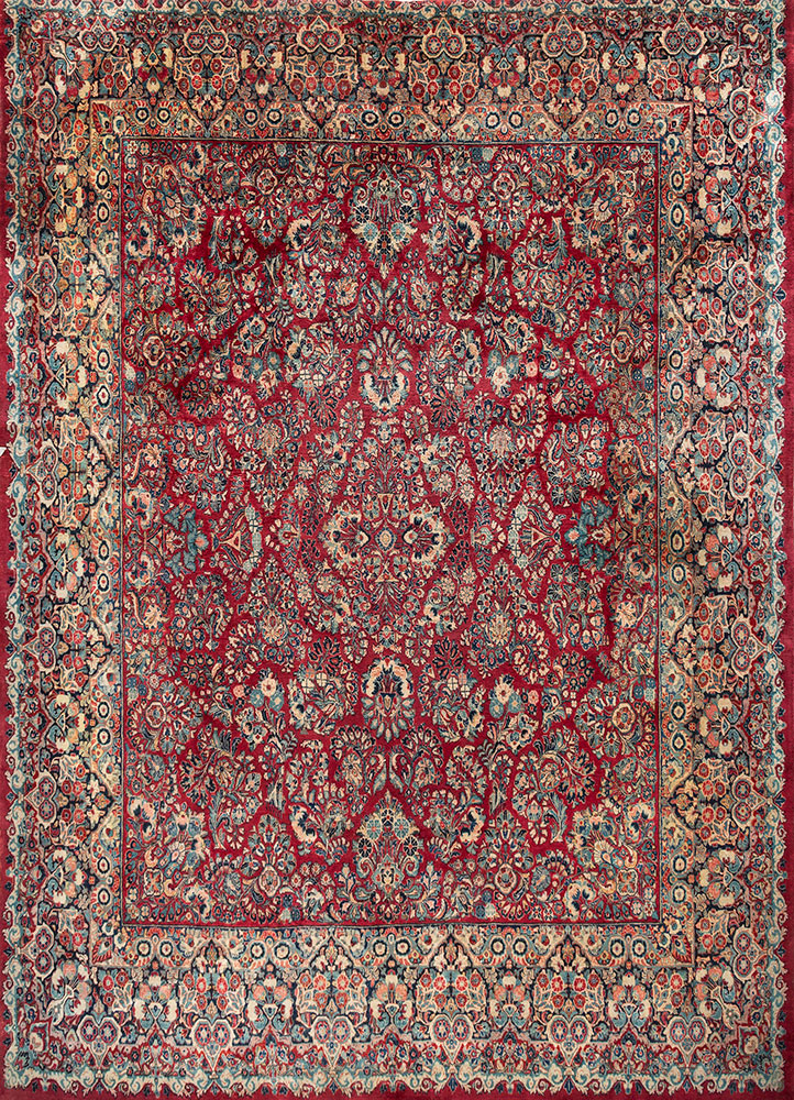 aalam red and orange wool hand knotted Rug - HeadShot