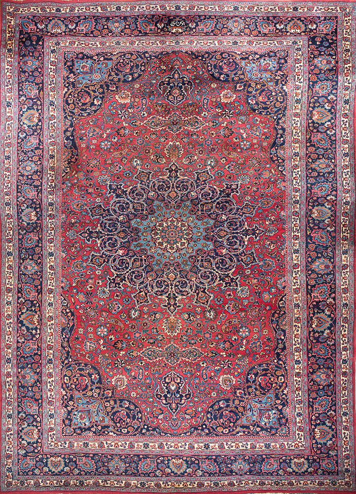 aalam red and orange wool hand knotted Rug - HeadShot