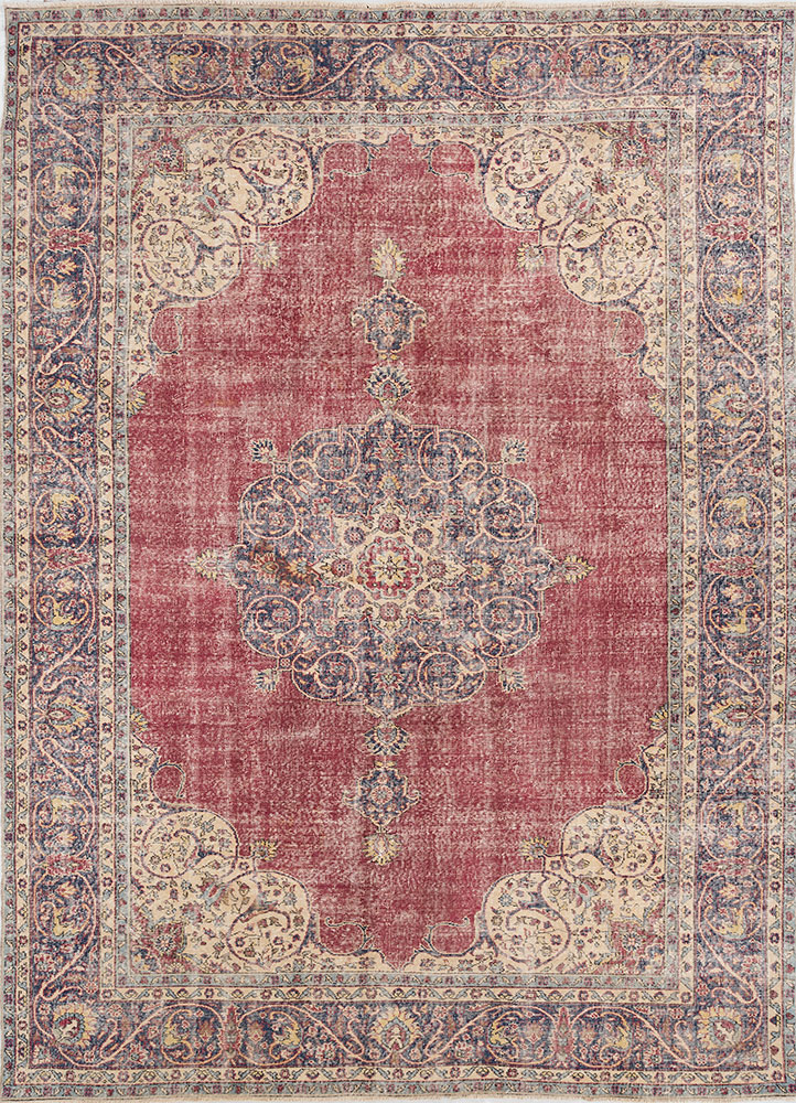 vintage red and orange wool hand knotted Rug - HeadShot