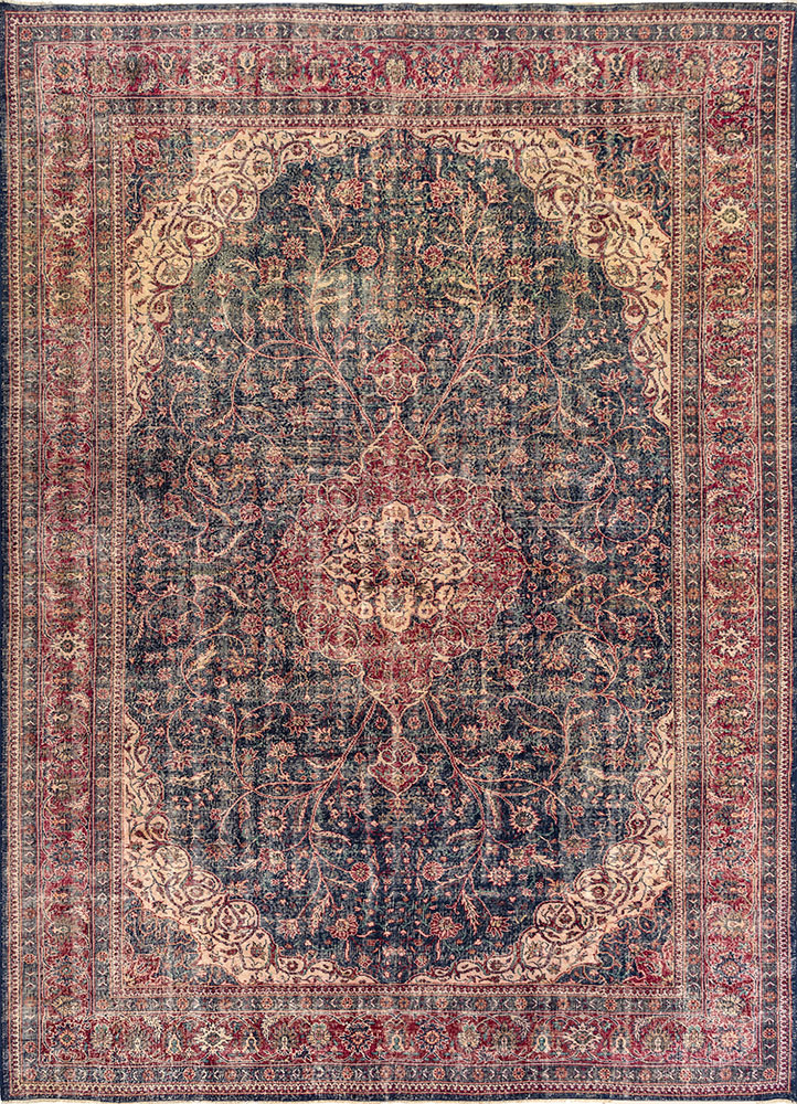 vintage blue wool hand knotted Rug - HeadShot