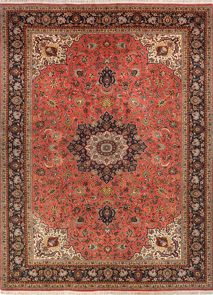 aalam red and orange wool and silk hand knotted Rug - HeadShot