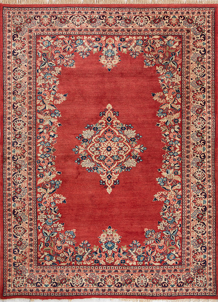 aalam red and orange wool hand knotted Rug - HeadShot