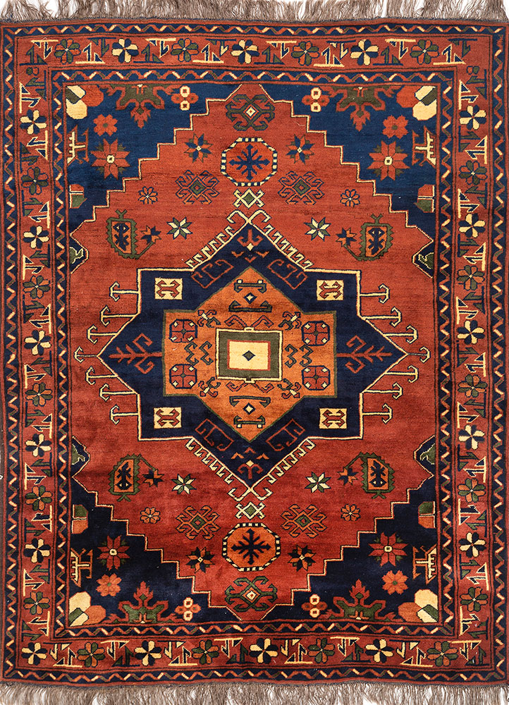 aalam red and orange wool hand knotted Rug - HeadShot