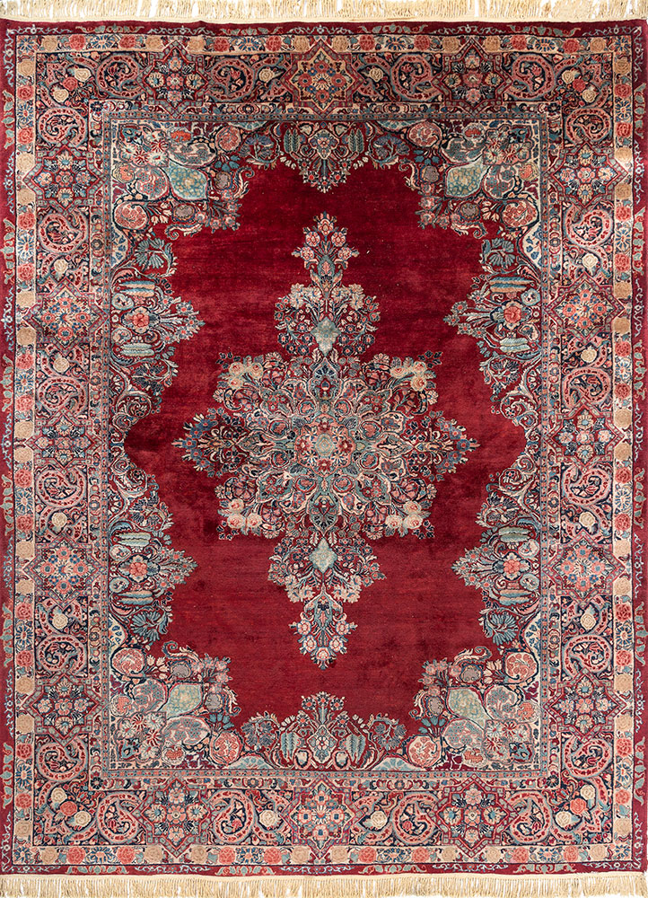 aalam red and orange wool hand knotted Rug - HeadShot