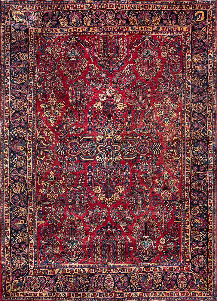 aalam red and orange wool hand knotted Rug - HeadShot