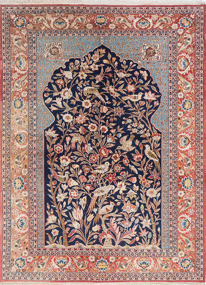 aalam red and orange wool and silk hand knotted Rug - HeadShot