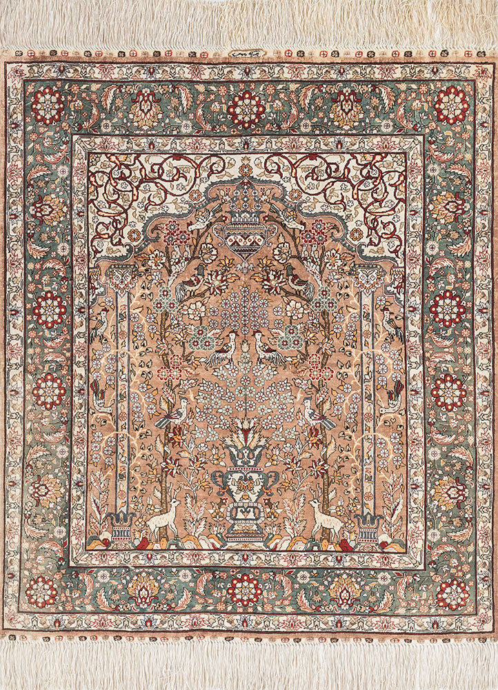 gulmarg red and orange silk hand knotted Rug - HeadShot