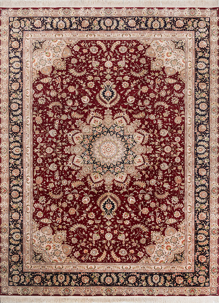 aalam red and orange wool and silk hand knotted Rug - HeadShot