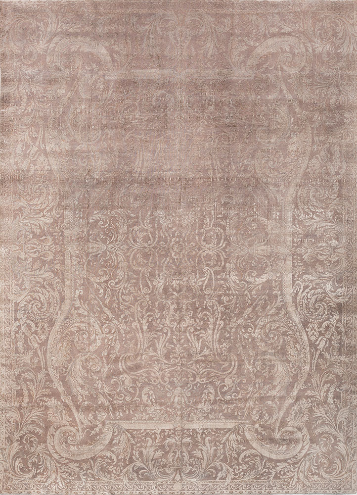 aalam beige and brown wool and silk hand knotted Rug - HeadShot
