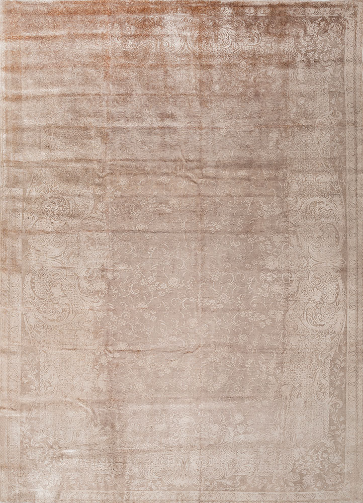 aalam beige and brown wool and silk hand knotted Rug - HeadShot