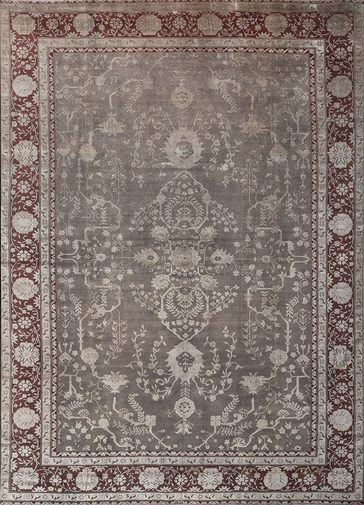 aalam red and orange wool and silk hand knotted Rug - HeadShot
