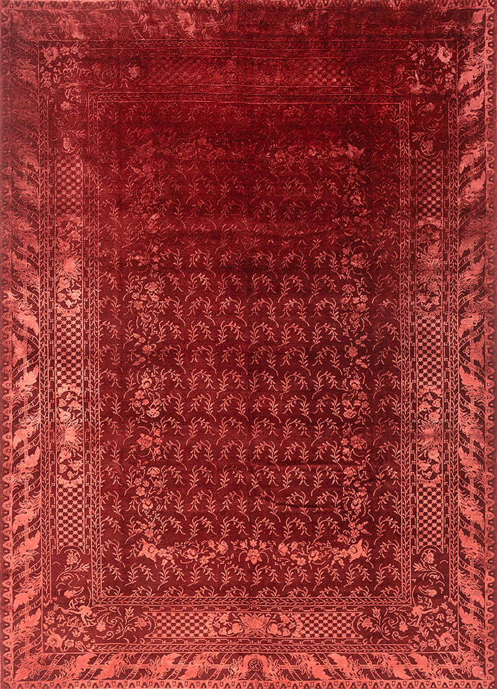 aalam red and orange wool and silk hand knotted Rug - HeadShot