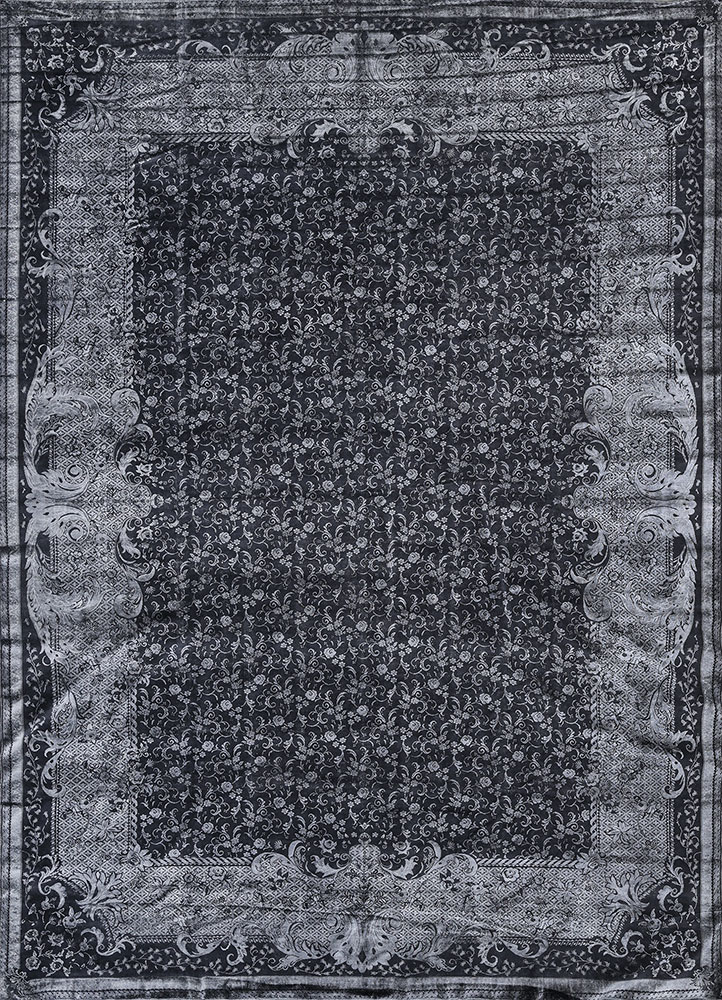 aurora grey and black wool and silk hand knotted Rug - HeadShot