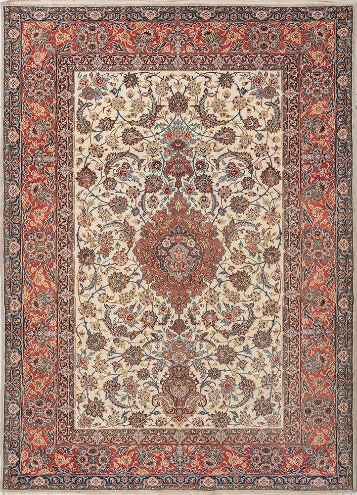 aalam red and orange wool and silk hand knotted Rug - HeadShot