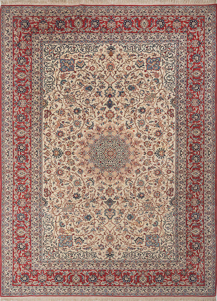 aalam red and orange wool and silk hand knotted Rug - HeadShot