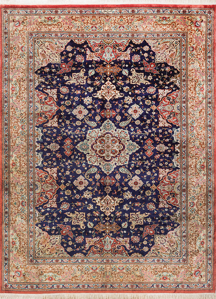 gulmarg red and orange silk hand knotted Rug - HeadShot