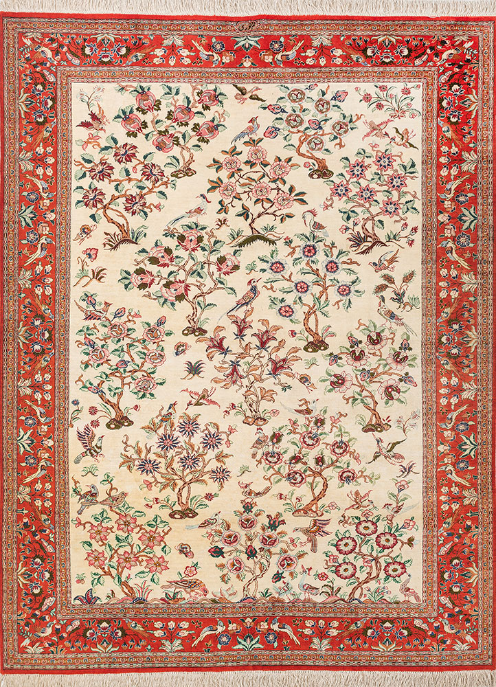 gulmarg red and orange silk hand knotted Rug - HeadShot