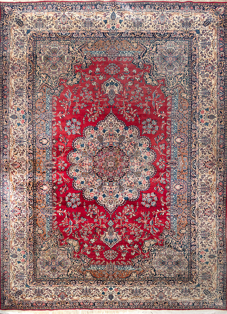 aalam red and orange wool hand knotted Rug - HeadShot