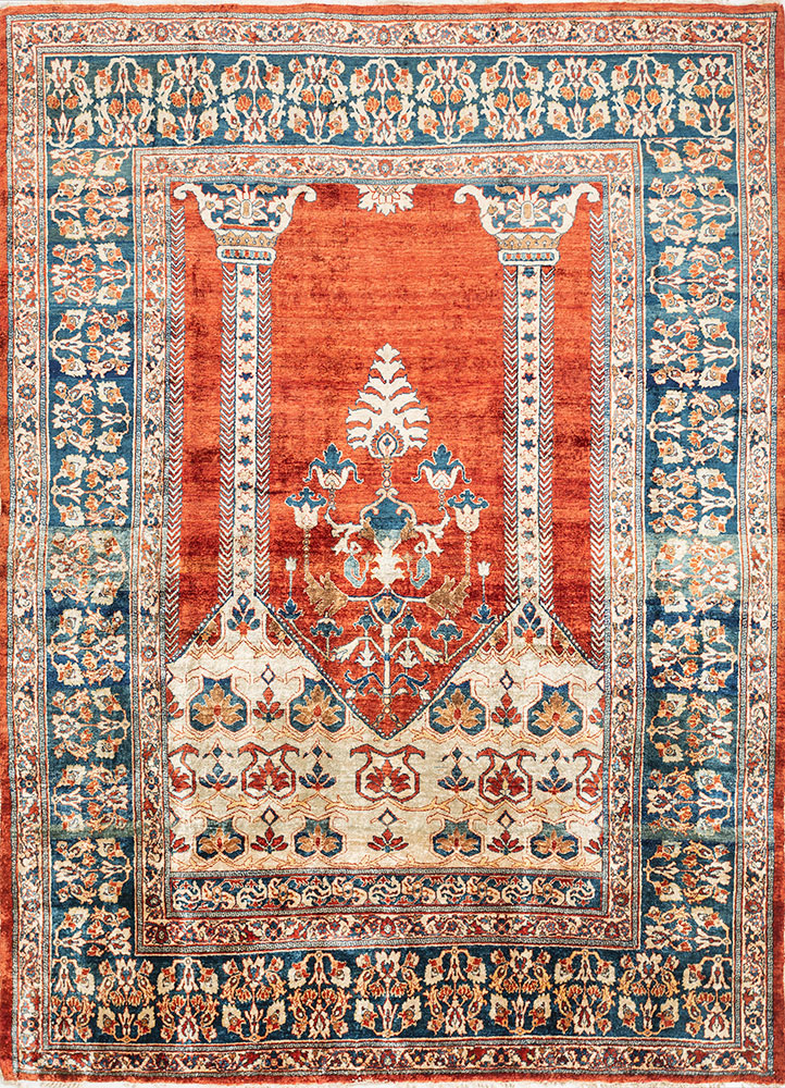 gulmarg red and orange silk hand knotted Rug - HeadShot