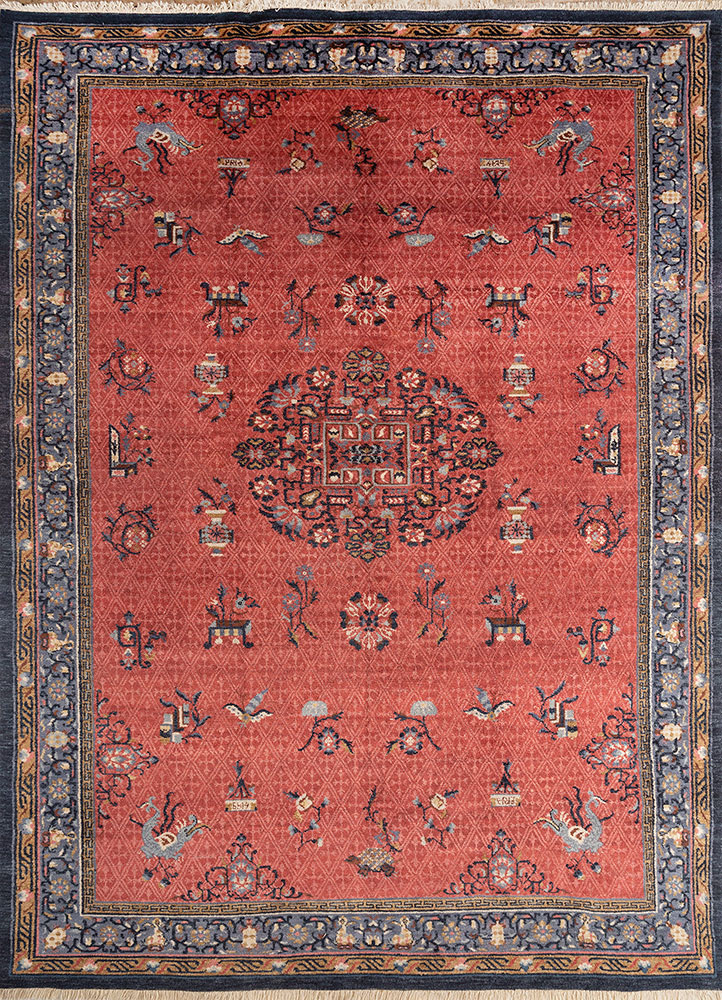 aalam red and orange wool hand knotted Rug - HeadShot