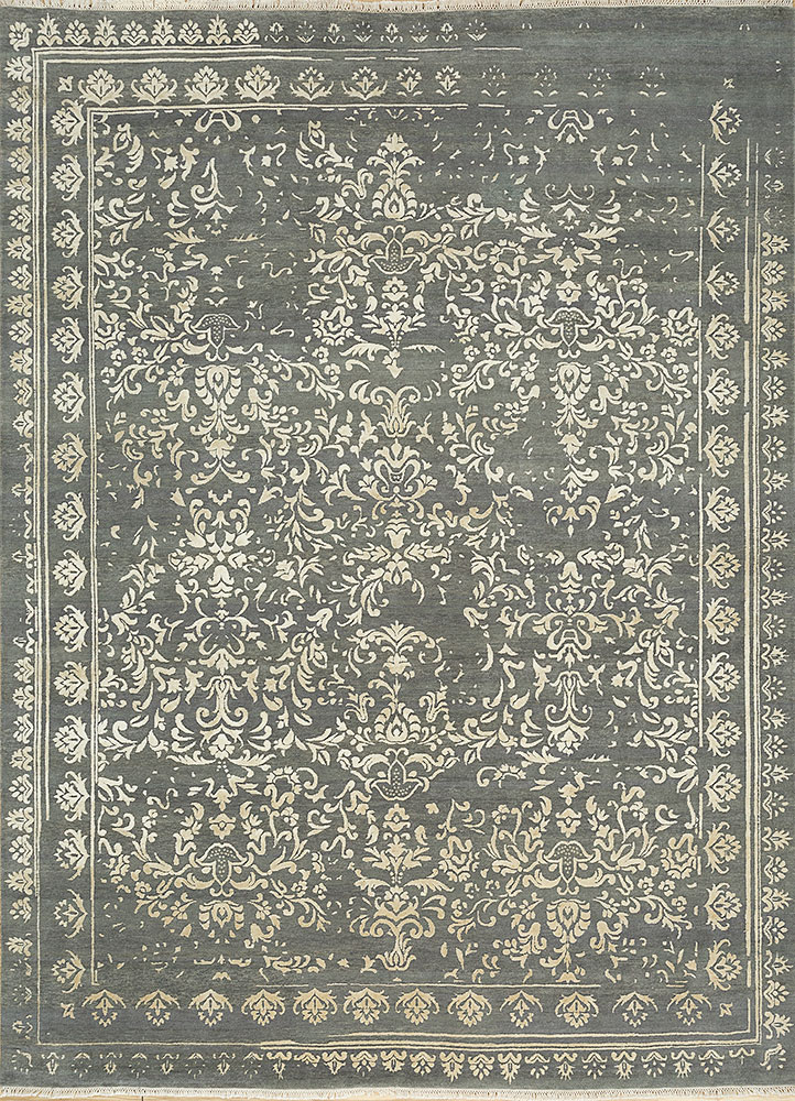 far east grey and black wool and silk hand knotted Rug - HeadShot
