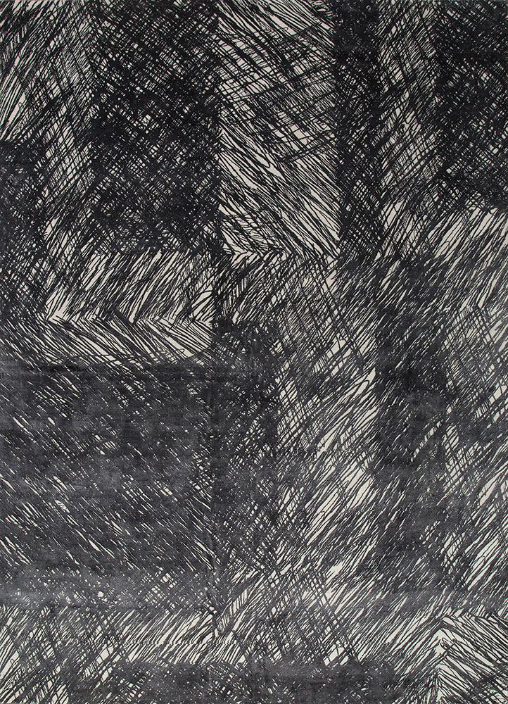 free verse by kavi grey and black wool and silk hand knotted Rug - HeadShot