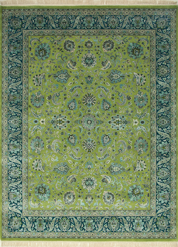 aurora green wool and silk hand knotted Rug - HeadShot