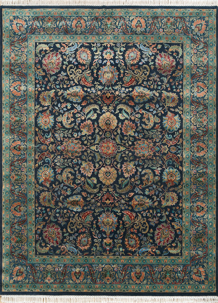 aurora blue wool and silk hand knotted Rug - HeadShot