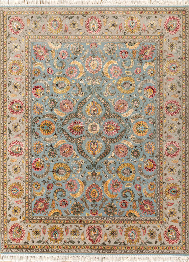 aurora blue wool and silk hand knotted Rug - HeadShot