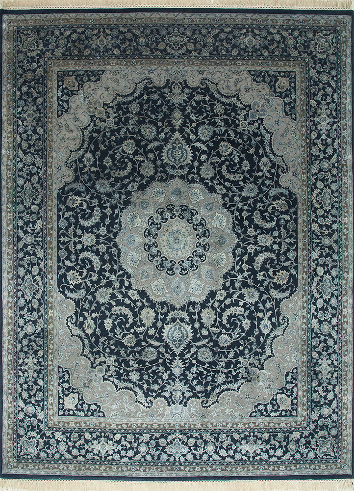 aurora blue wool and silk hand knotted Rug - HeadShot