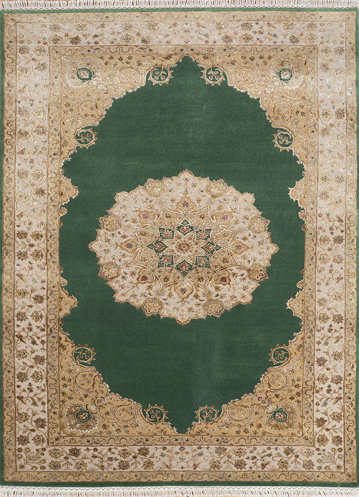 aurora green wool and silk hand knotted Rug - HeadShot