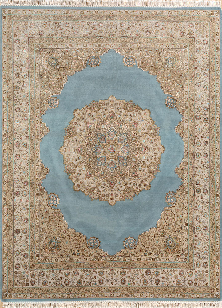 aurora blue wool and silk hand knotted Rug - HeadShot