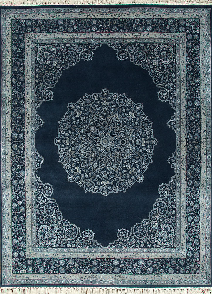aurora blue wool and silk hand knotted Rug - HeadShot
