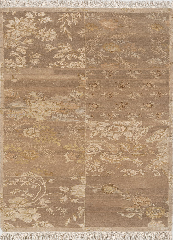 aurora beige and brown wool and silk hand knotted Rug - HeadShot